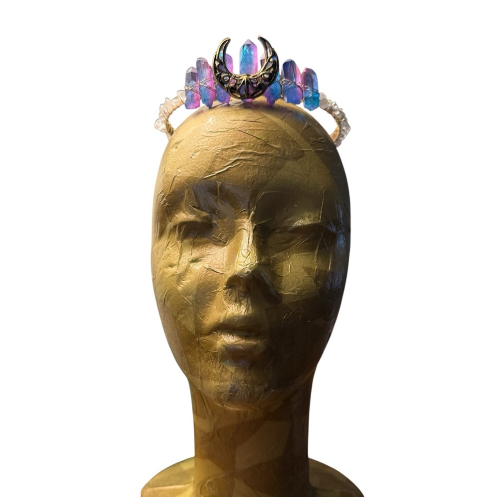 Aura Quartz Crystal Moon Crown Headband Celestial Fairycore Ren Faire  Tiara - Picture 5 of 5